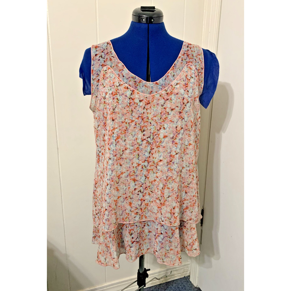 CABI Medium BELLA SHEER RETRO FLORAL PRINT LAYERED SLEEVELESS BLOUSE Office